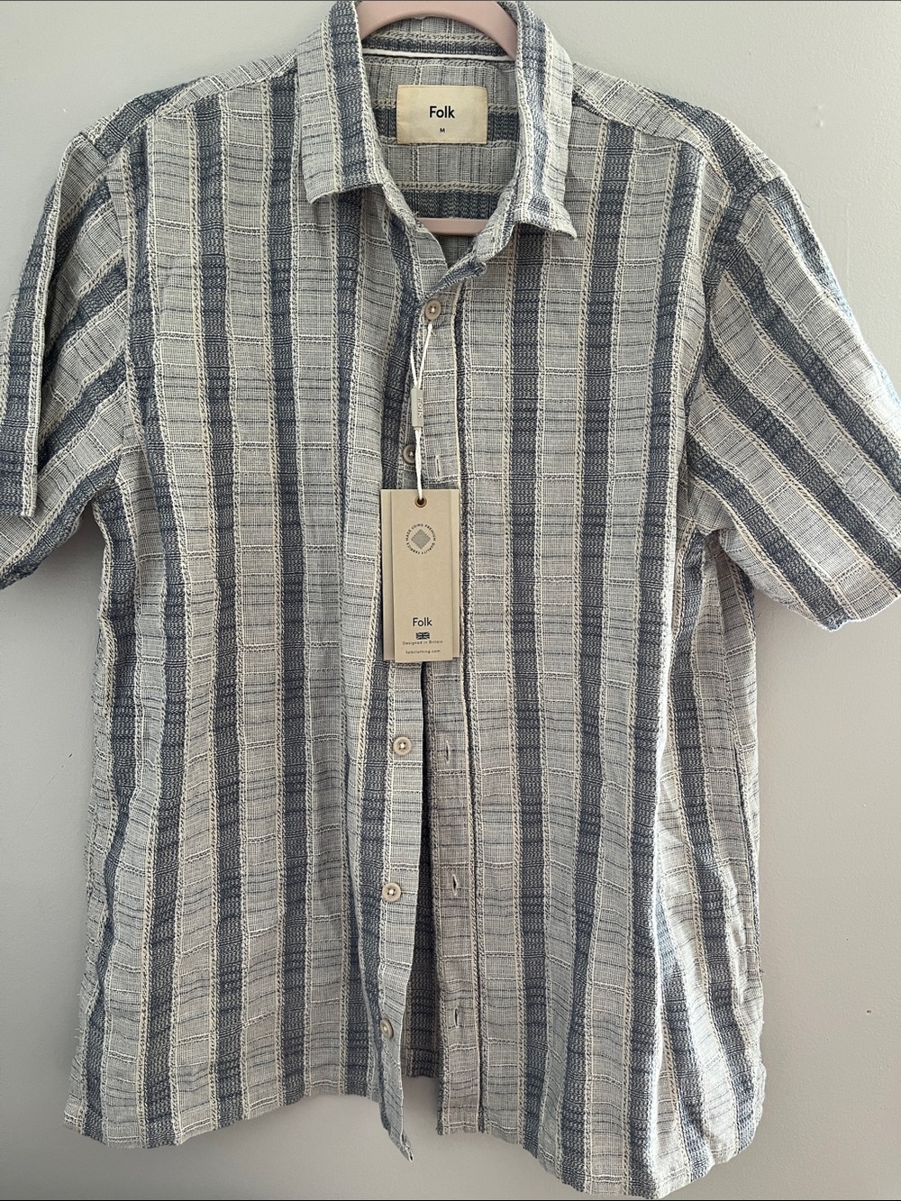 Folk Men's Short Sleeve Stripe Button-Up Shirt in Blue & White Med New With Tags